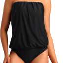 Two Piece Bandeau Tankini Swimsuits for Women Loose Blouson Swim Top with Bikini Bottom Tummy Control Bathing Suits (X-Large, Black 01)