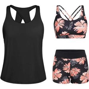 Tempt Me 3 Piece Tankini Swimsuits for Women Athletic Bathing Suits Swim Tank Top with Boy Shorts and Bra Modest Swimwear (X-Small, Black Floral)