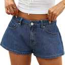 ELLEVEN Baggy Jean Shorts - Low Rise & A-line High Stretchy Mini Denim Shorts with Leather Patch Casual Loose Fit Chic Jorts, Blue Medium