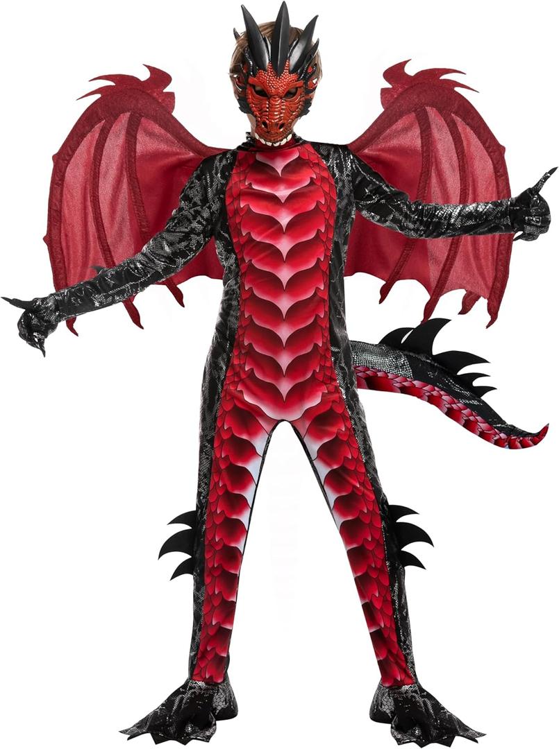 Spooktacular Creations Halloween Kid Dragon Costume, Boys Dragon Wings, Tail and Mask Set for Halloween Dress Up (Small(5-7 yrs), Red)
