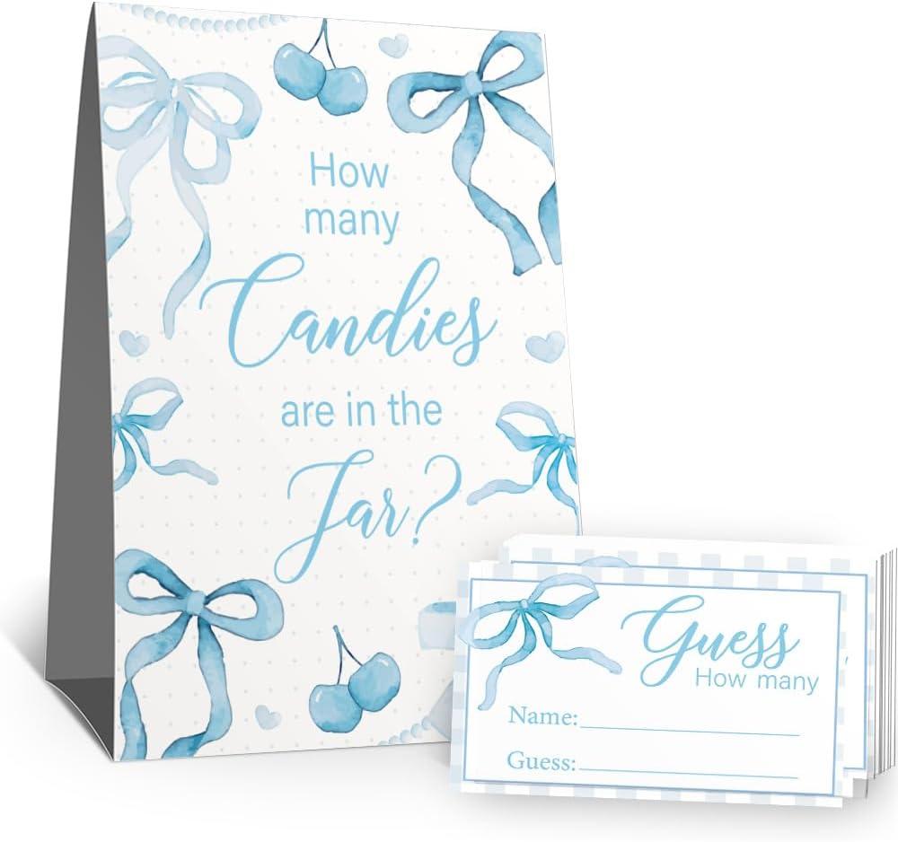Guess How Many Candies Sign(1 Standing Sign-50 Guessing Cards) Pink Bow Theme Activities Cards Kit for Baby Showers, Newborn Parties, Bridal Shower, Engagement, Wedding Shower, Birthdays-62