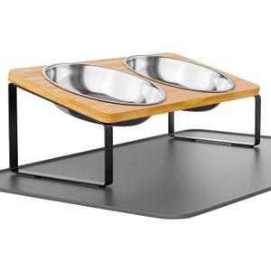 Elevated Cat Bowls Whisker Friendly,Cat Food Bowls with Silicone Food Mat,15Tilted Stand Anti Vomiting Raised Cat Dishes for Food and Water,2 Stainless Steel Bowls for Cats and Puppy, Bamboo