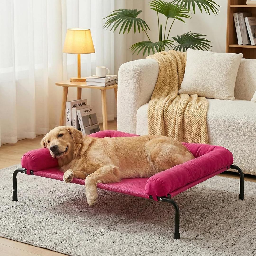 Cooling Elevated Dog Bed for Large Dogs, Portable Indoor & Outdoor Raised Dog Bed with Breathable Mesh, Chew Proof Pet Hammock Cots with Removable and Waterproof Bolsters, 48.0"L x 35.0"W x 8.0"Th Rose Pink