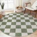 LIVEBOX Checkered Round Rug 6 Ft Washable Area Rug for Playroom Classroom, Kids Non-Slip Neutral Classic Circle Rug Geometric Large Carpet Soft Boys Nursery Rug for Dorm Bedroom(Sage Green,180R)