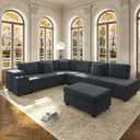 KEIKI 110" L-Shaped Oversized Plush Corduroy Modular Sectional Sofa with Pull-Out Bed, Convertible 6-Seater Sleeper Couch Bed with 1 Ottomans & USB & Cup Holders, Easy Assembly, for Living Room, Gray