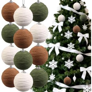 12 Pcs Boho Ball Ornaments,2.36 Inch Farmhouse Jute Rope Decor,Neutral Hanging Balls, Burlap Neutral Fabric Decor,Ornaments forValentines Day, Wedding,Home,Wreath,Wedding,Garland (Green,beige, Light Brown)