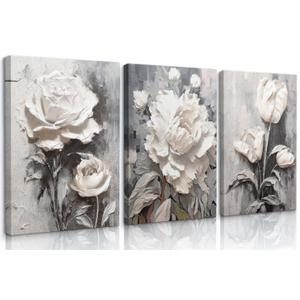 KUCGONHOS 3Pcs Black and White Floral Wall Art White Modern Elegant Flowers Wall Decor Prints Abstract Blooming Floral Painting Posters Pictures for Living Room Bedroom Home(16x24in Canvas)