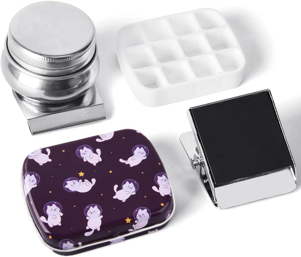Portable Mini Tin Box 12-Well Empty Watercolor Palette Paint Mixing Tray is a Small Storage Travel Kit with Magnetic Clip and Oil Pot,Making it Perfect for Outdoor Sketching and DIY Painting.Cats