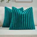 FUTEI Teal Green Throw Pillow Covers Set of 2, 16x16 Inch Soft Faux Rabbit Fur Striped Texture Cushion Cases, Modern Decorative Couch Pillows for Living Room Bed