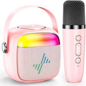 LENRUE Karaoke Machine for Kids, Birthday Gifts for Girls Boys Teens with Wireless Microphone, Colored Lights, Trendy Stuff Gifts for 3, 4, 5, 6, 7, 8, 9, 10 +Year Old (Pink)