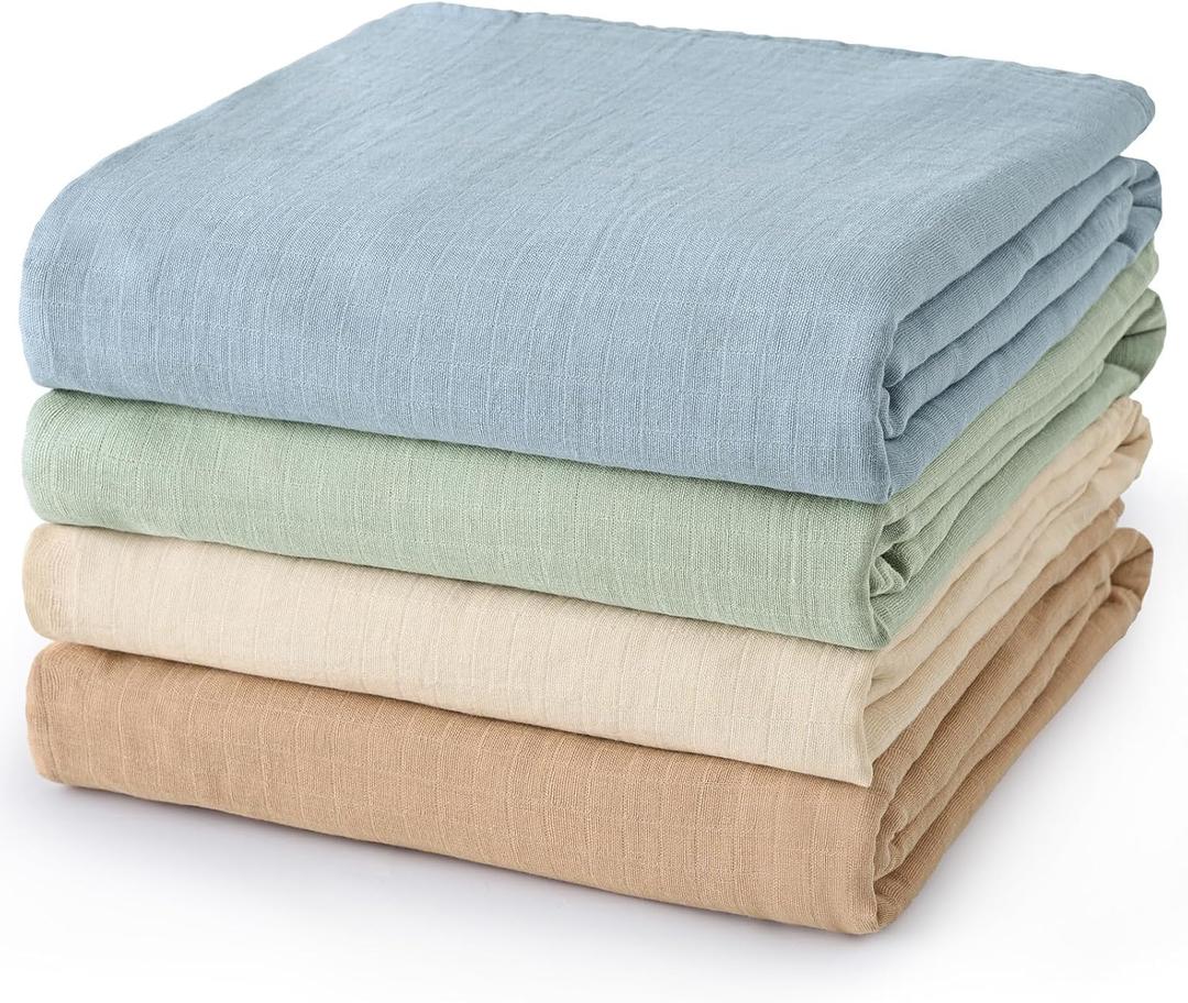 david's kids 4 Pack Baby Muslin Swaddle Blankets 47" x 47", 100% Cotton Swaddle Wrap for Boys Girls, Ultra Soft Breathable Receiving Blanket for Newborns, Dusty Blue & Sage Green & White Cap & Sepia