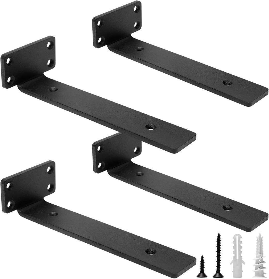 HITOMEN Heavy Duty Floating Shelf Brackets, 8-Inch (1/5'' Thick) Hidden Shelves Hardware, Cast Iron L Brackets, Rustic Industrial Black Metal Wall Shelving Supports, 4 Pack