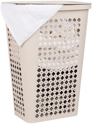 Mind Reader Slim Tapered Laundry Hamper with Lid, Clothes Basket with Swiss Cross Cut-Outs, Lightweight & Ventilated, Plastic, 16.75"L x 12.75"W x 23"H, Ivory