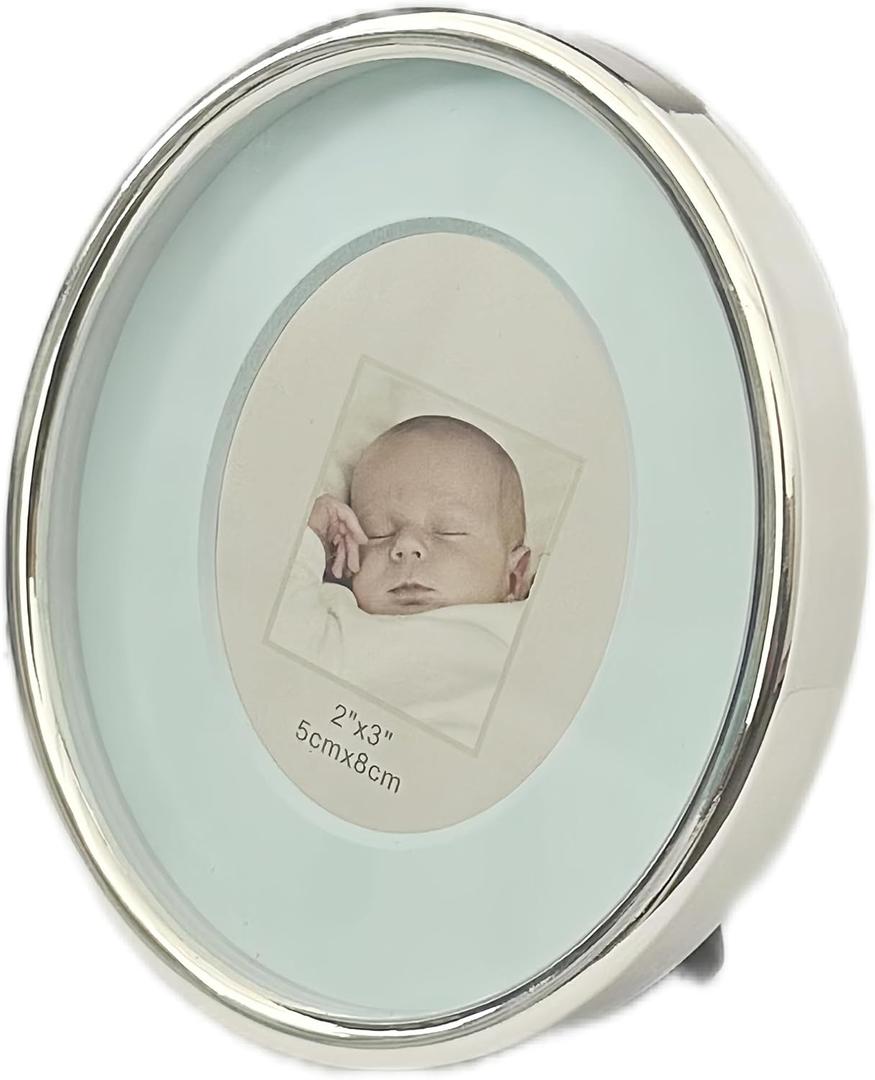 2x3 Oval Mini Picture Frame for Baby Zinc Alloy Pink Picture Frame Tabletop Display for Newborn Baby Kids Decoration Pink Blue (Baby Blue)