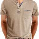 Angbater Mens Henley Shirts Short Sleeve Button T-Shirts Summer Athletic Lightweight Tee Shirts with Pocket (Large, Beige)