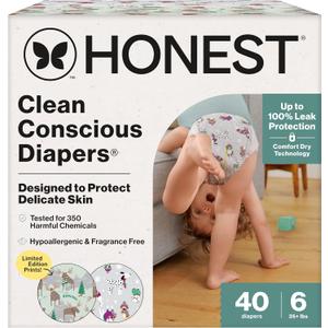 The Honest Company Clean Conscious Diapers for Delicate Skin | Up to 100% Leakproof | Hypoallergenic, Fragrance Free | Winter '25 Limited Edition Prints | Club Box, Size 6 (35+ lbs), 40 Count (Winterwear Wags + Adorably A-moosing)