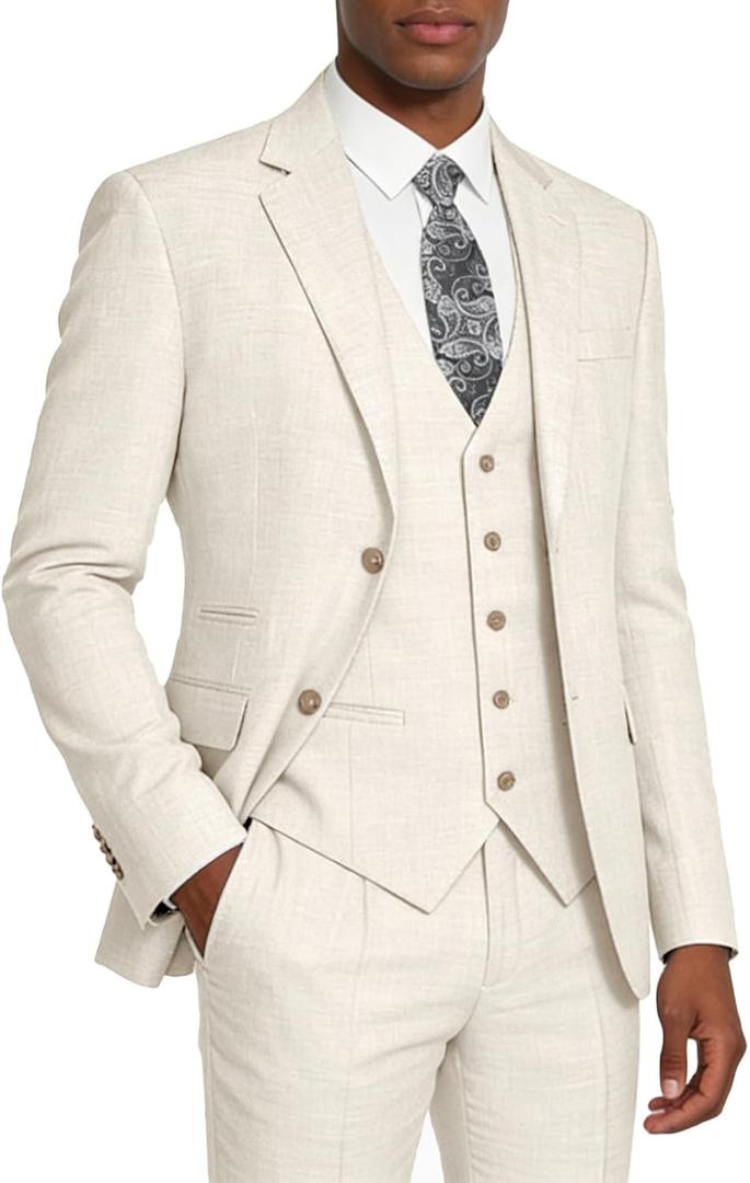Suits for Men Slim Fit Formal Mens Suits 3 Piece Jacket Vest Pants Wedding Prom Men's Tuxedo Suit Set (Beige, XXXL)