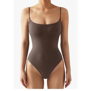 SUUKSESS Women Sexy Square Neck Thong Bodysuit Backless Cami Bodysuit Top Small, Brown