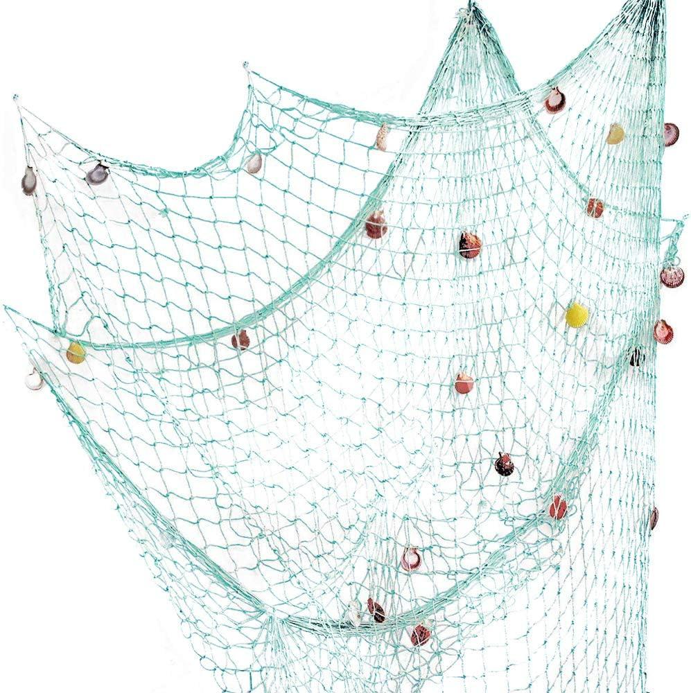 Rosoz Nature Fish Net Wall Decoration with Shells, Ocean Themed Wall Hangings Fishing Net Party Decor for Pirate Party,Wedding,Photographing Decoration (Aqua) (One Size)
