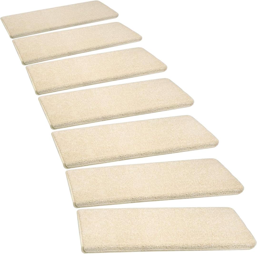 PURE ERA Bullnose Carpet Stair Treads Set Tape Free Non-Slip Indoor Stair Protectors Pet Friendly Rugs Covers Soft Skid Resistant Washable Reusable 9.5" x 30" (14 Pieces, Light Beige)