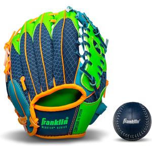 Franklin Sports Teeball Recreational Series Fielding Left Hand Glove with Baseball, 9.5-Inch, Royal/ Lime/ Orange