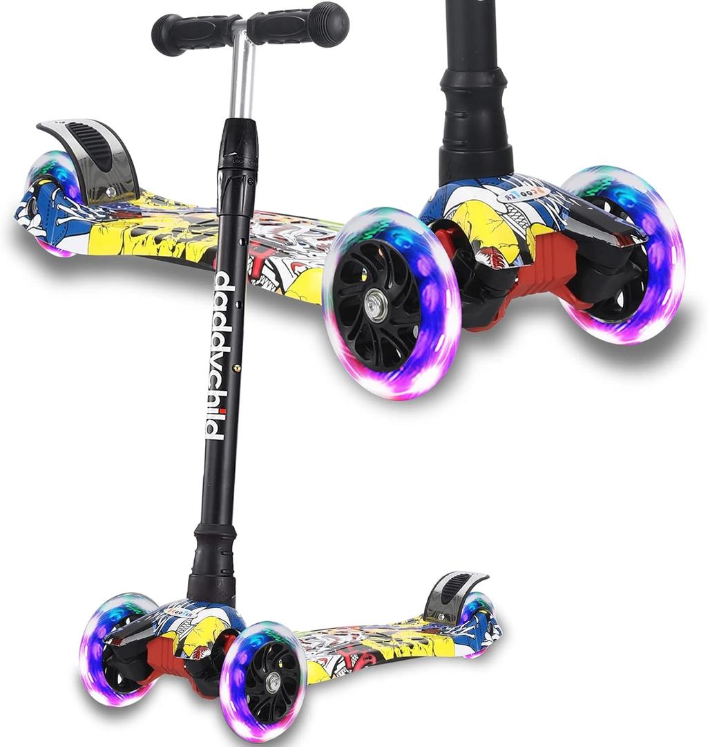 Scooters for Kids 3 Wheel Kick Scooter for Toddlers Girls & Boys, 4 Adjustable Height, Lean to Steer, Extra-Wide Deck, Light Up Wheels for Children from 3 to 14 Years Old