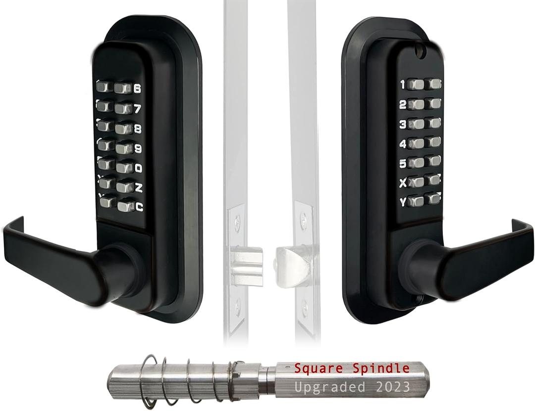 JOUNJIP Double-Sided Keyless Entry Door Lock - Bump Key Proof Mechanical Door Lock with Lever Handle - [Square Spindle] Easier Install - (Matte Black) - Outdoor Gate Lock with Keypad and Passage Mode