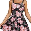 Aleumdr Women's One Piece Swimsuit Tummy Control Swim Dress Modest Full Coverage Skirt Bathing Suit with Pockets (Large, Printed Black)