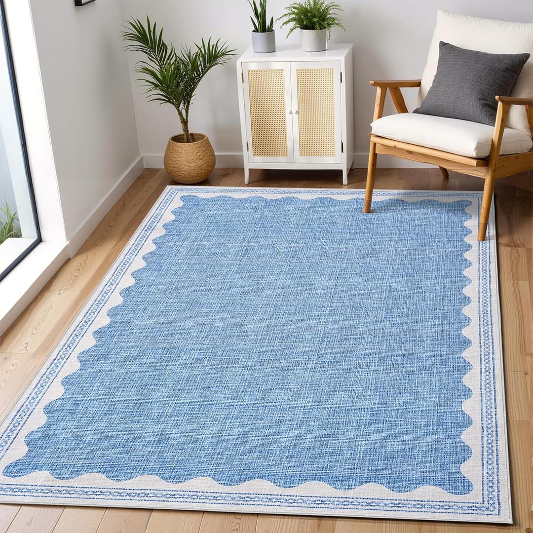GarveeHome Scalloped 3x5 Area Rug Washable Non-Slip Low-Pile Indoor Rugs for Entryway Solid Blue Modern Minimalism Carpet for Bedroom Living Room Kitchen Bathroom Door Mat
