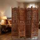 Lightnpro 4 Panel Blossom Wooden Room Divider 72" x 72" Hand-Carved Folding Privacy Screen, Pre-Assembled Decorative Partition for Living Room, Bedroom, Office Boho & Farmhouse Home Décor
