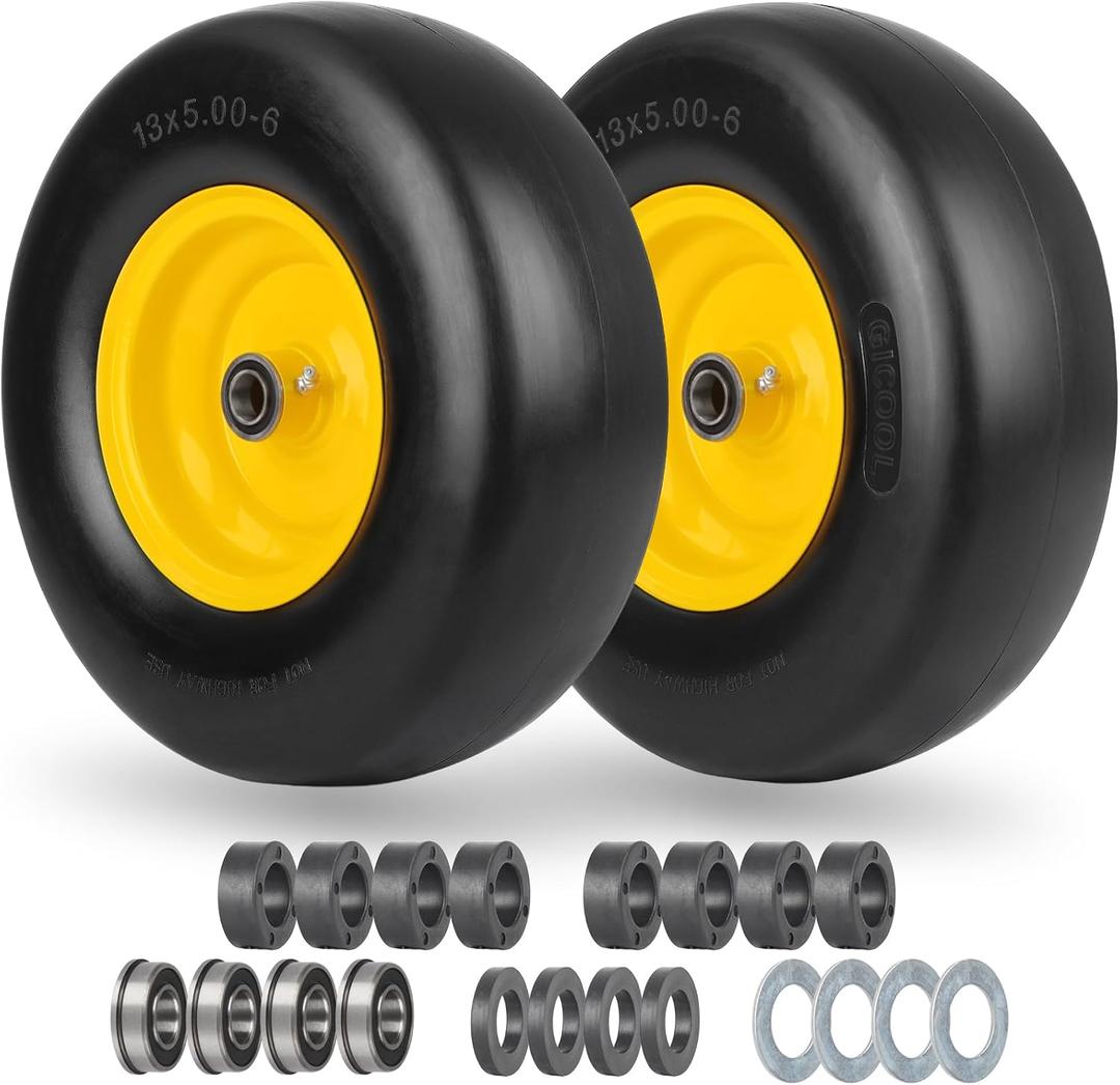 13x5.00-6 Flat Free Lawn Mower Tire and Wheel, Smooth Tread Tire for Lawnmower, Installed 3/4" Bearing with Extra 5/8" Bearing, 3.25"-5.9" Centered Hub, 2 PCS
