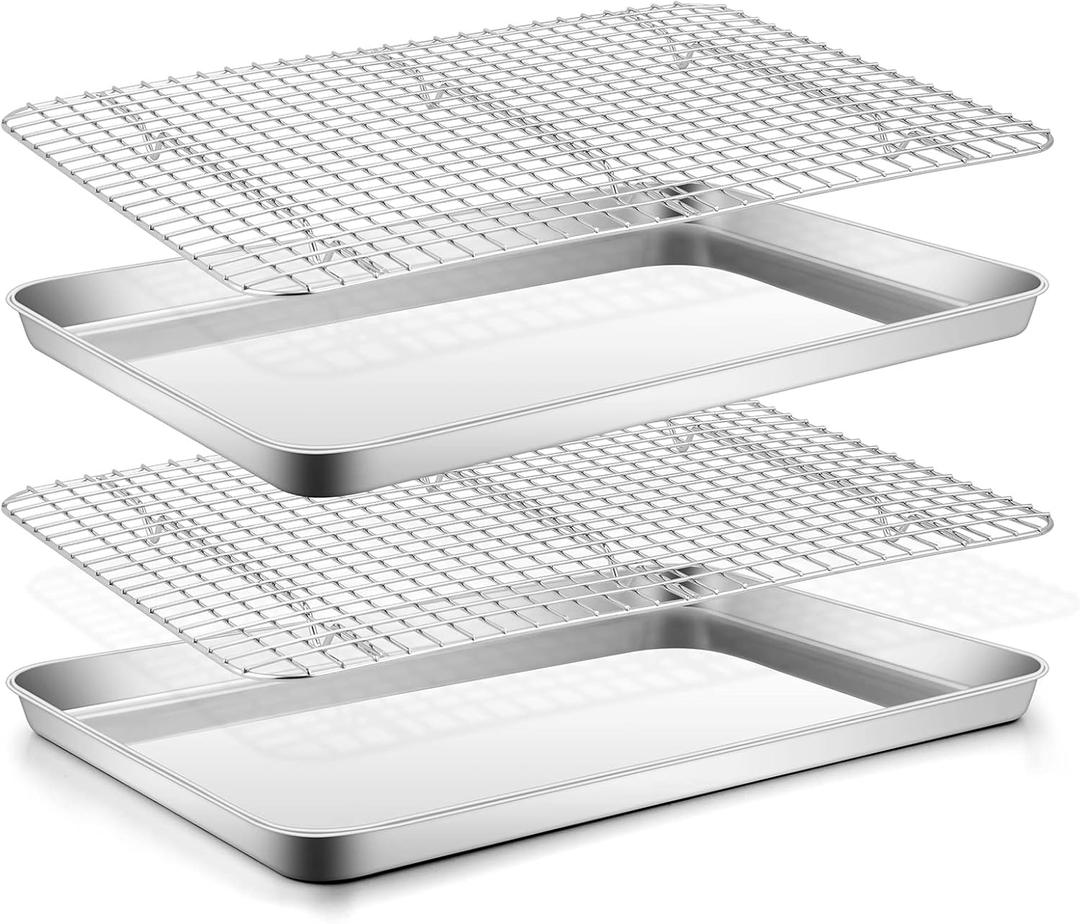 Stainless Steel Baking Sheet with Rack Set, E-far 16x12 Cookie Sheet Pan for Oven, Rimmed Metal Tray with Wire Cooling Rack for Cooking Roasting Resting Bacon Meat Steak - Dishwasher Safe