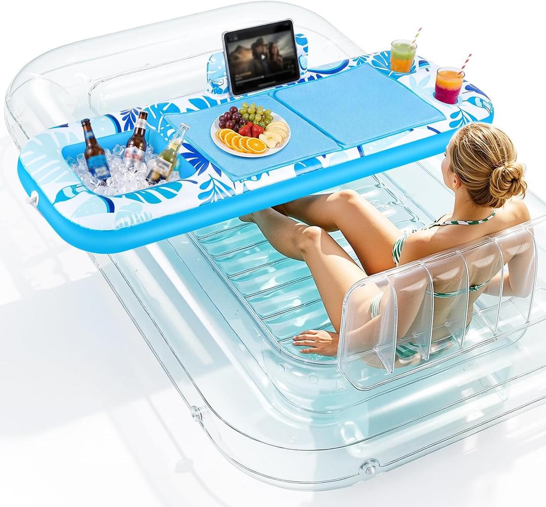 Ayeboovi Extra Large Inflatable Tanning Pool Float Tray - 61" L x 18" W Non-Slip Sunbathing Bed Tray with Cooler Ice Bar for Tanning Lounge Raft & Blow up Suntan Tub Pool Stuff Party Gifts
