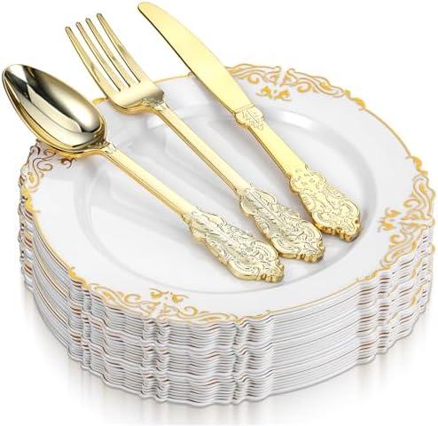 Hpmjz 100 PCS Gold Plastic Plates for 25 Guests, Disposable Dinnerware Sets Plate & Cutlery Kit Elegant Utensils Includes 25 Forks, Spoons, Knives, Plates for Wedding Party Catering Thanksgiving