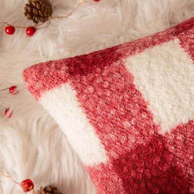 AQOTHES Red White Plaid Christmas Throw Pillow Covers 18x18 Inch, Boucle Decorative Pillow Covers,Cozy Fluffy Home Living Room Farmhouse Decor for Sofa Couch Bed 1 Pack