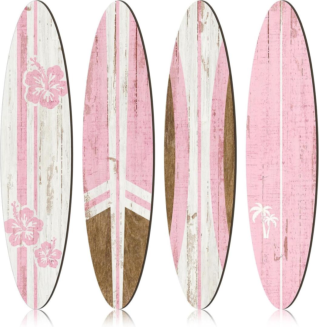 Threan 4 Pcs Large Surfboard Wall Decors Girls Boys Wooden Beach Room Decor 23.6" x 5.4" Preppy Surf Board Hanging Signs Aesthetic Tropical Wall Art for Bedroom Living Room Bathroom Decors(Pink)
