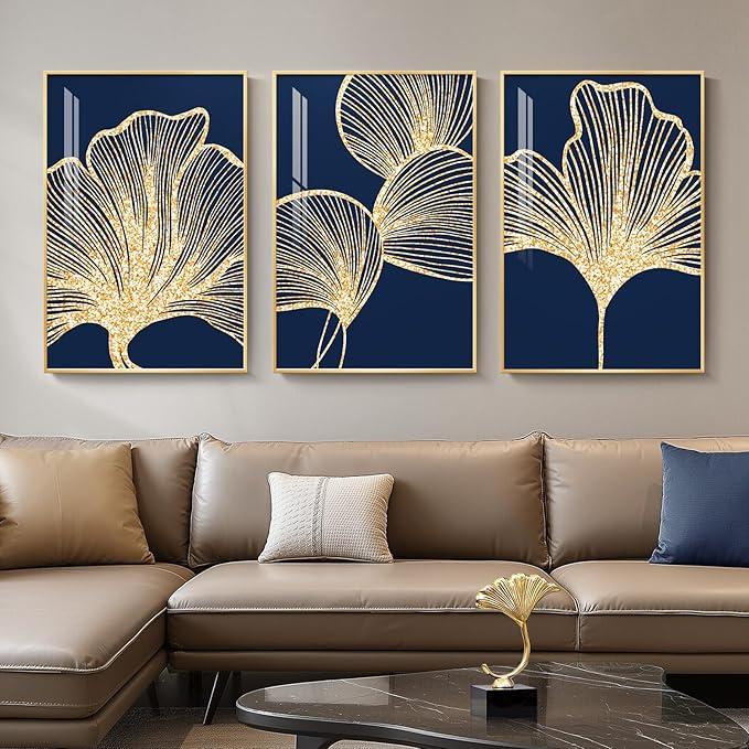 Framed Modern Luxury Wall Art for Living Room, Large Navy Blue and Gold Ginkgo Leaf Artwork for Walls, 3 Piece Contemporary Bright Style Floral Prints for Bedroom Office Hallway Wall Decor, 24x36 Inch