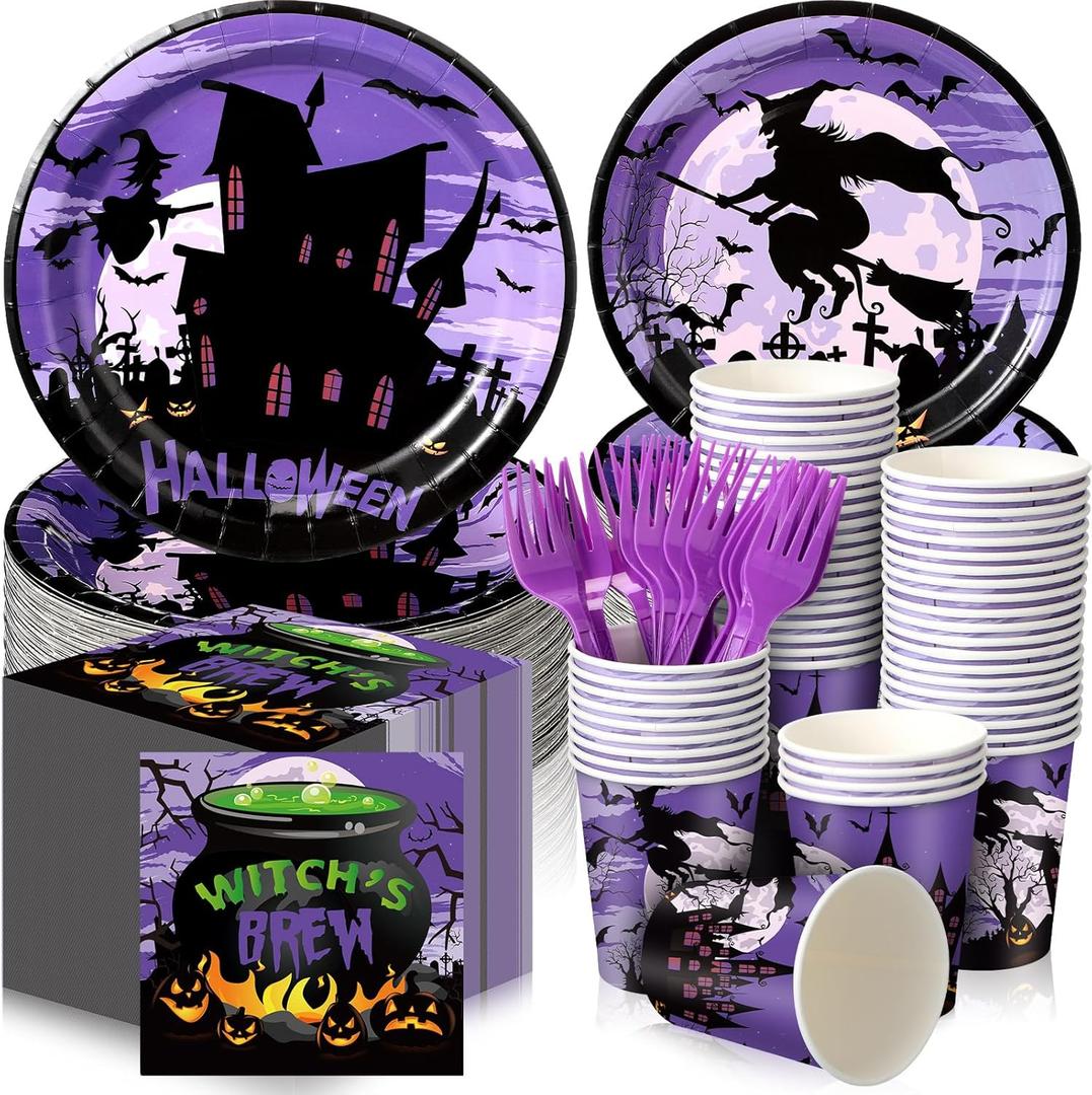 Sliner 180 Pcs Halloween Party Supplies Plates Napkins Cups Serve 30 Halloween Disposable Paper Dinner Dessert Plates Spooky Napkins Cocktail Beverage Cups Plastic Fork Set (Purple, Witch)
