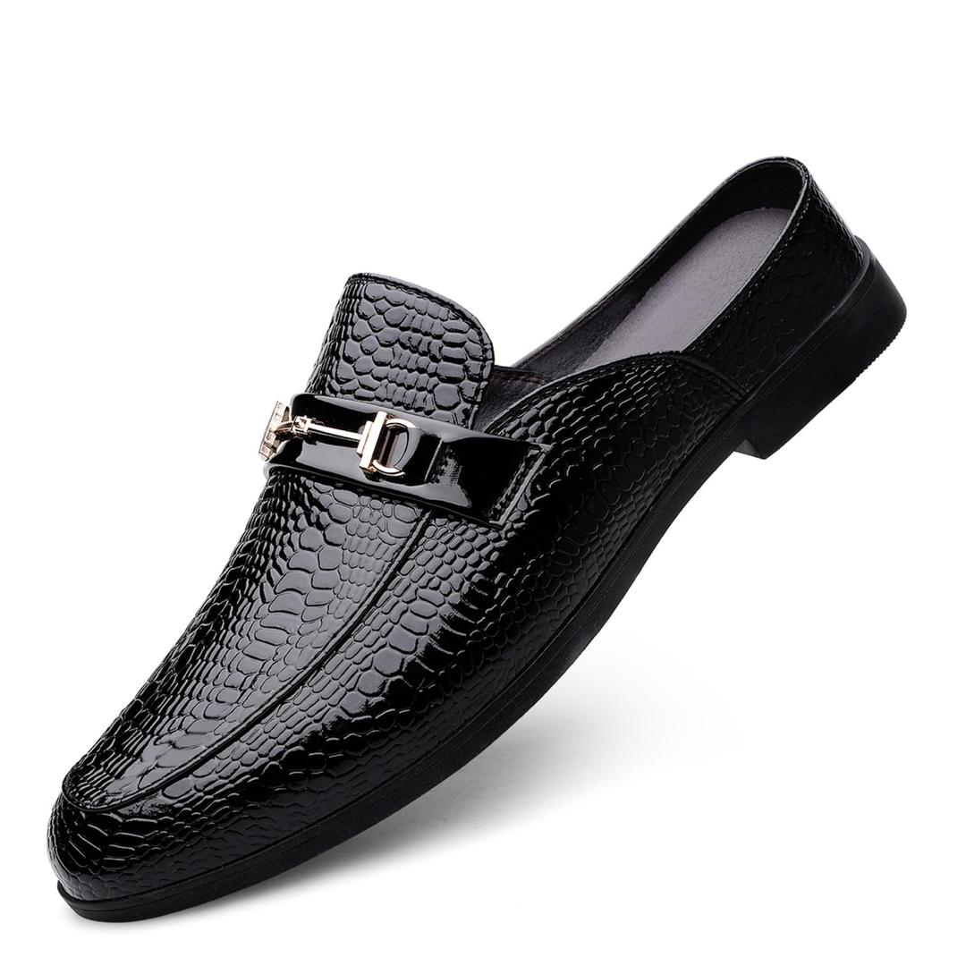Men's Patent Leather Slip-On Dress Mules Slippers Fashion Printing Comfort Round Toe Low Heel Open Backless Casual Clogs Loafers with Metal Buckle Decoration, Size 43