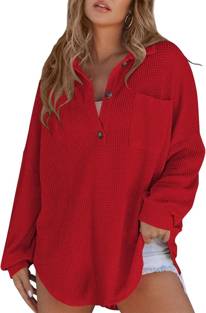 Poetsky Womens Waffle Knit Tops 2026 Oversized Long Sleeve Henley Shirts Fall Casual V Neck Loose Fit Tunic Blouse (Medium, Red)