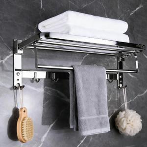 24" Double Towel Rack with 7 Hooks, Bathroom 90° Foldable Towel Bar.Silver