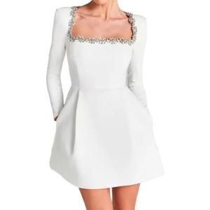 Women's Elegant Velvet Dress Long Sleeve Square Neck Pearl A Line Flowy Bridesmaid Cocktail Party Midi Dresses (Medium, White)