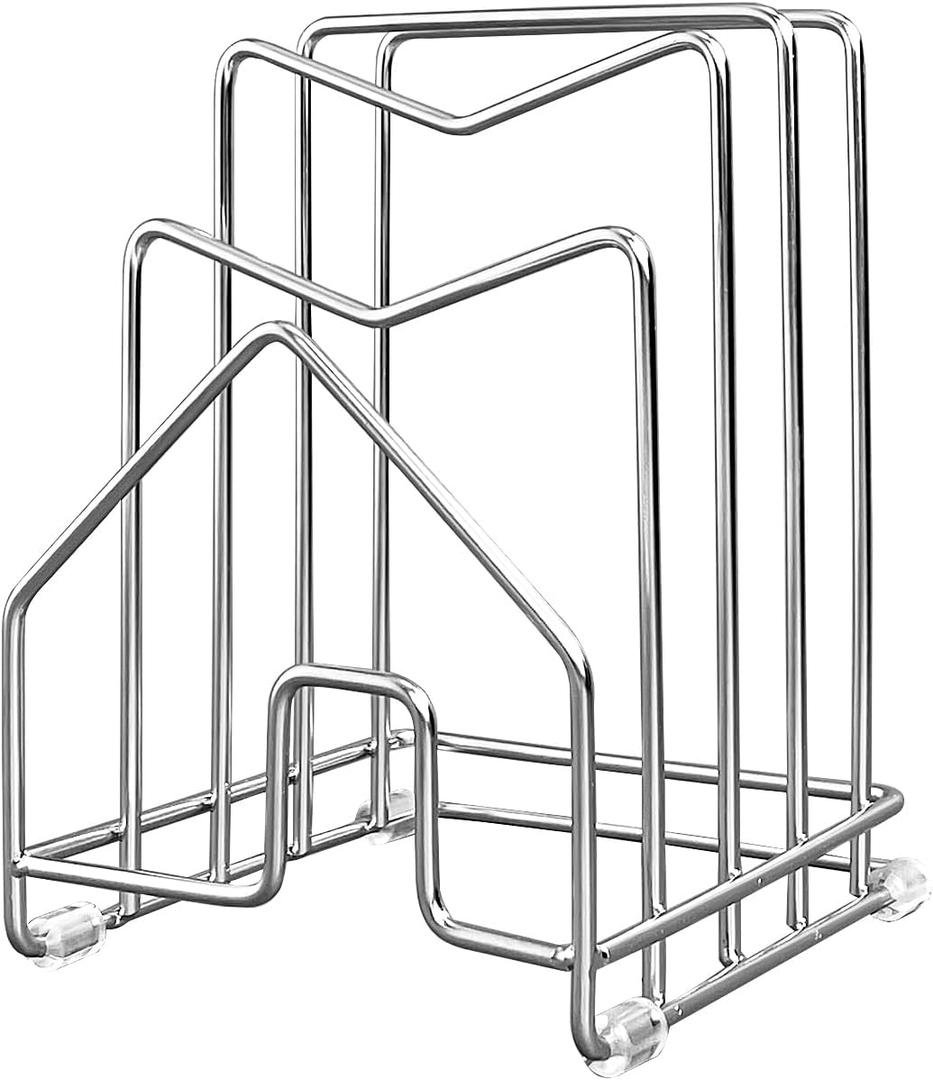 Pot Lid Organizer Cutting Board Holder Inside Cabinet 304 Stainless Steel Pots and Pan Organizer Under Cabinet Pot Cover Cookie Sheet Bakeware Serving Tray Cooling Rack Stand Kitchen Countertop (1 Pack Silver)
