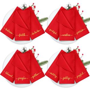 Sliner 12 Pcs Christmas Red Cloth Napkins Set 17 x 17 Inch Embroidered Seasonal Sayings Dinner Fabric Napkins Washable Wishes Grateful Blessed Merry Christmas Napkin for Holiday Kitchen Party