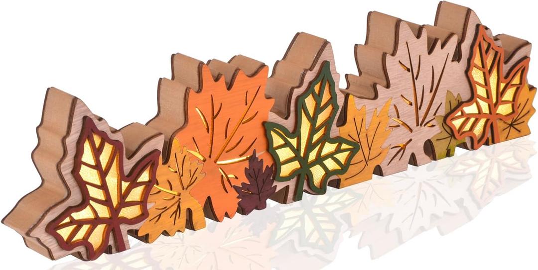 Lighted Fall Maple Leaves Signs Table Centerpieces Thanksgiving Wooden Block Sign Decorations 3D Wood Autumn Harvest Farmhouse Decor with Led Lights for Home Desk Office Party (Fall Leaves)
