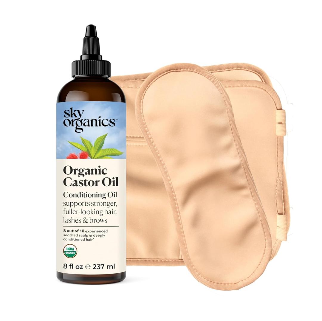 Sky Organics 8 oz Castor Oil w/Wraps | Reusable Organic Castor Oil Pack to Boost Body's Wellness, Encourage Rest & Relaxation | Adjustable Elastic Straps Cotton Durable Easy to Use