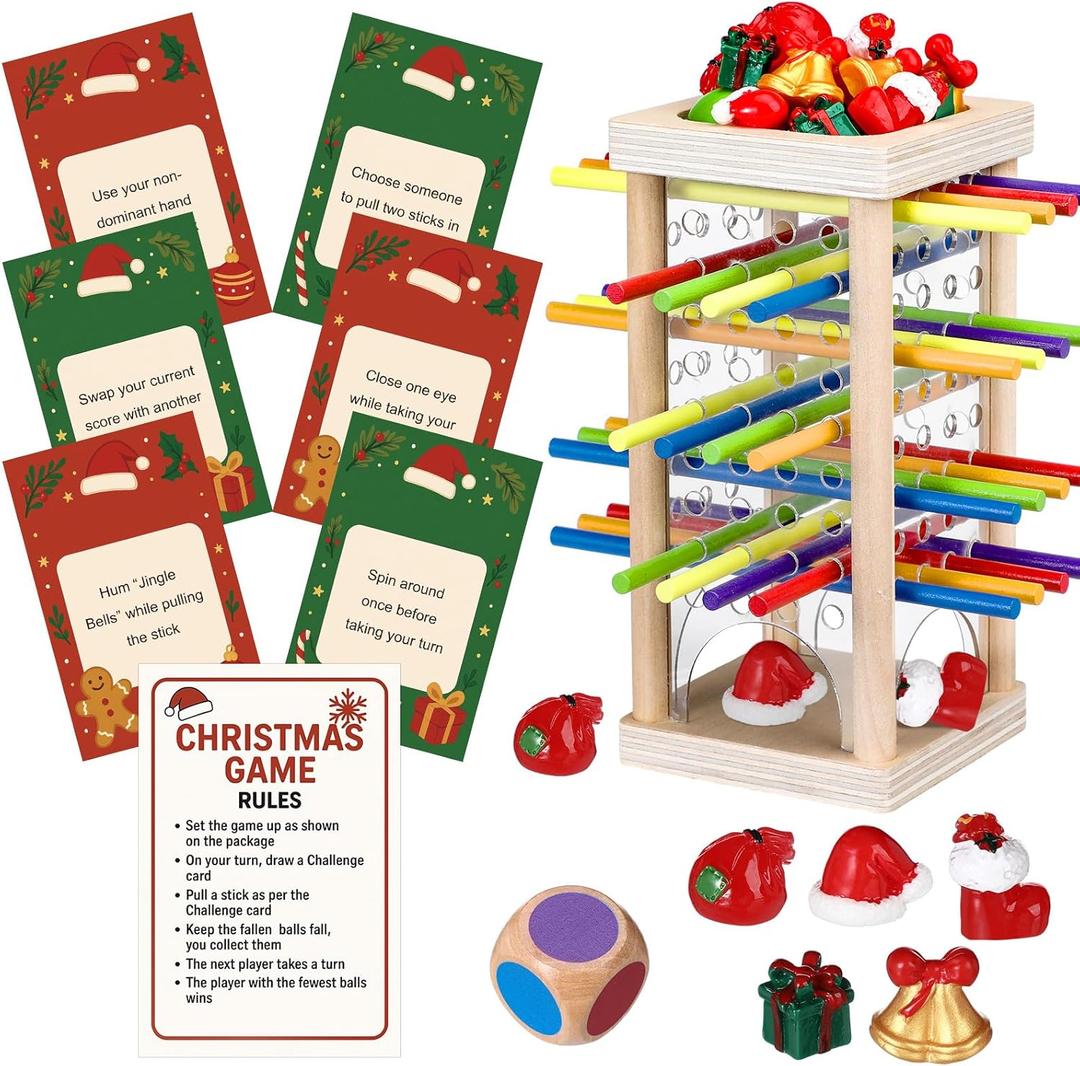 Jenaai 78 Pcs Christmas Party Game Set Fun Xmas Night Activities Don't Let The Marbles Fall with Resin Ornaments and Cards for Christmas Travel Holiday
