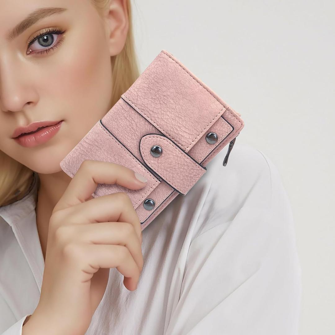 Women Wallet, PU Leather Bifold Wallet Purse Wallets for Women with Buckle, Multiple Slots Ladies Wallet with Detachable Card Pack for Working, Travelling(Pink)