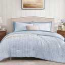 King Comforter Set - 7 Pieces Blue Gauze Muslin Bedding Sets for All Seasons, Lightweight Breathable Bed in a Bag King with Revesible Farmhouse Comforter, Sheets, Pillowcases & Shams