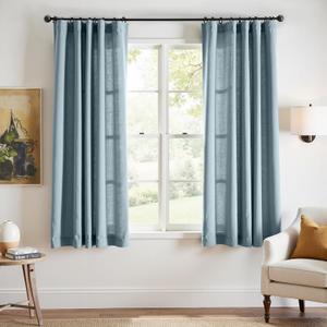 JINCHAN Linen Blue Curtains 63 Inches Length for Living Room Farmhouse Rod Pocket Back Tab Light Filtering Window Drapes 2 Panels for Bedroom